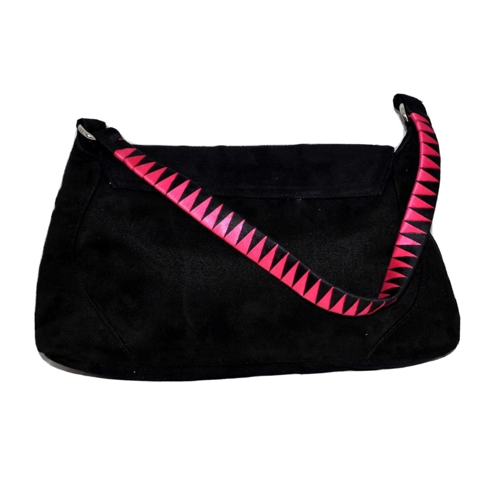 Victoria’s Secret Vintage Y2K Black Suede-Feel Flap Bag Hot Pink Zig Zag Strap - Picture 2 of 8